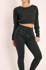 Black Crop Top and Slim Jogger Loungewear Co-ord Set - Suzy-Loungewear
