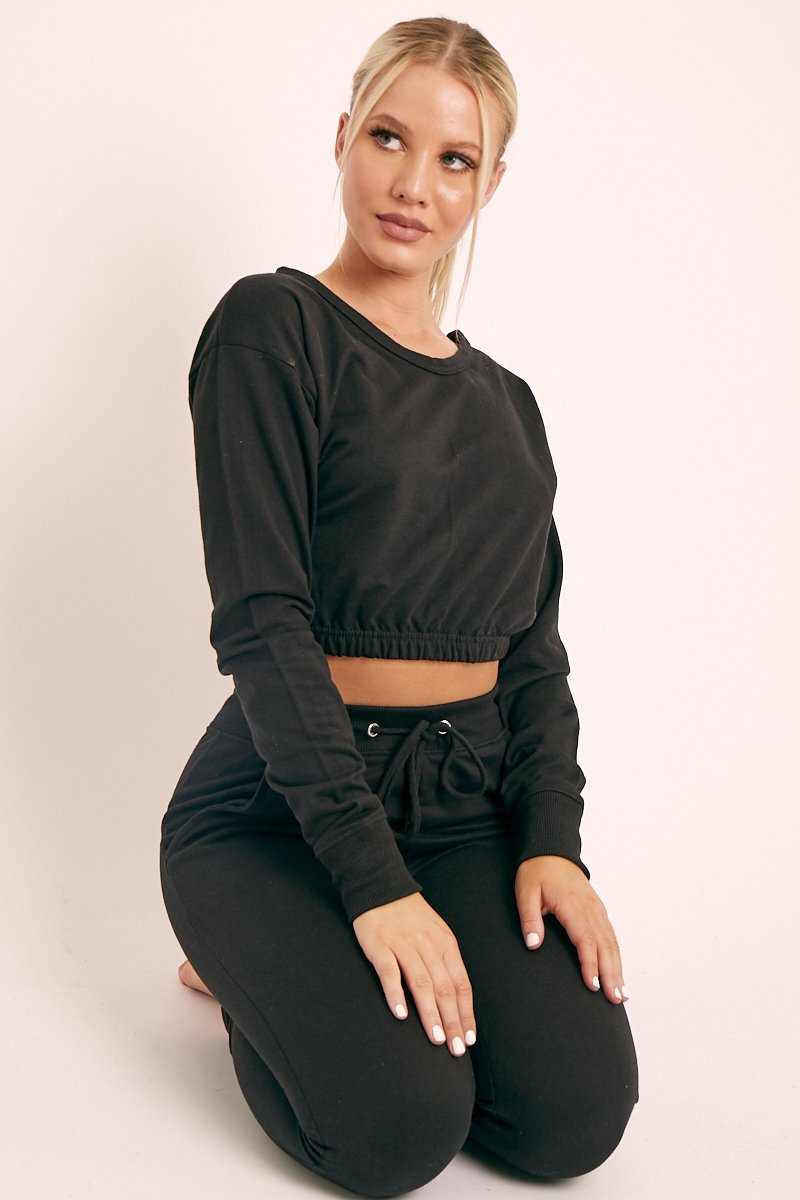 Black Crop Top and Slim Jogger Loungewear Co-ord Set - Suzy-Loungewear