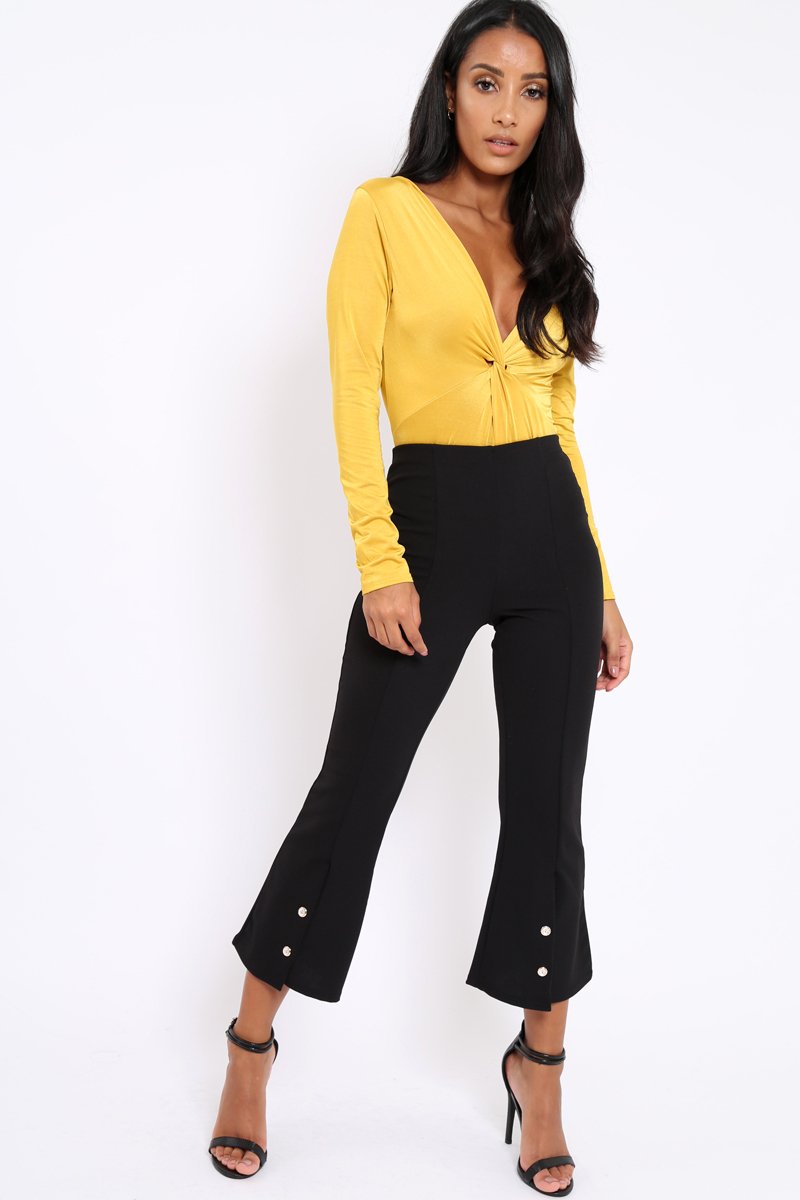 Black Cropped Bell Button Bottom Trousers - Daisie-Trousers