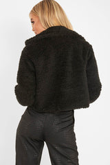 Black Cropped Borg Popper Button Coat - Ezmerelda-Coats
