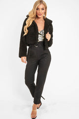 Black Cropped Borg Popper Button Coat - Ezmerelda-Coats