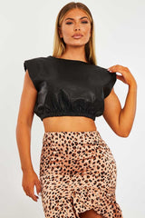 Black Cropped Faux Leather Shoulder Pad Top - Kirrah-Tops