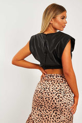 Black Cropped Faux Leather Shoulder Pad Top - Kirrah-Tops