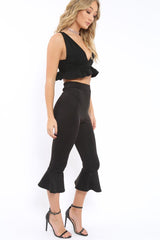 Black Cropped Flare Hem Trousers - Aniesha-Trousers