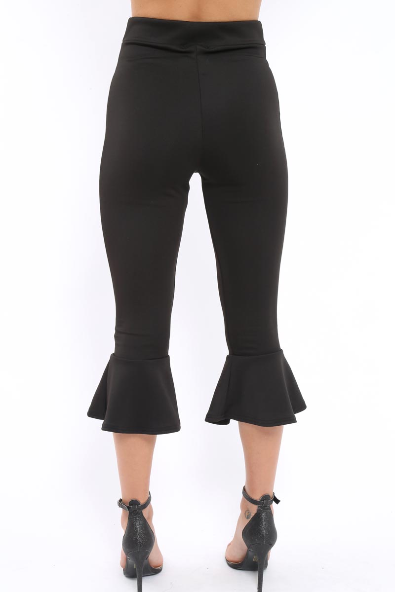 Black Cropped Flare Hem Trousers - Aniesha-Trousers