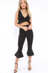 Black Cropped Flare Hem Trousers - Aniesha-Trousers
