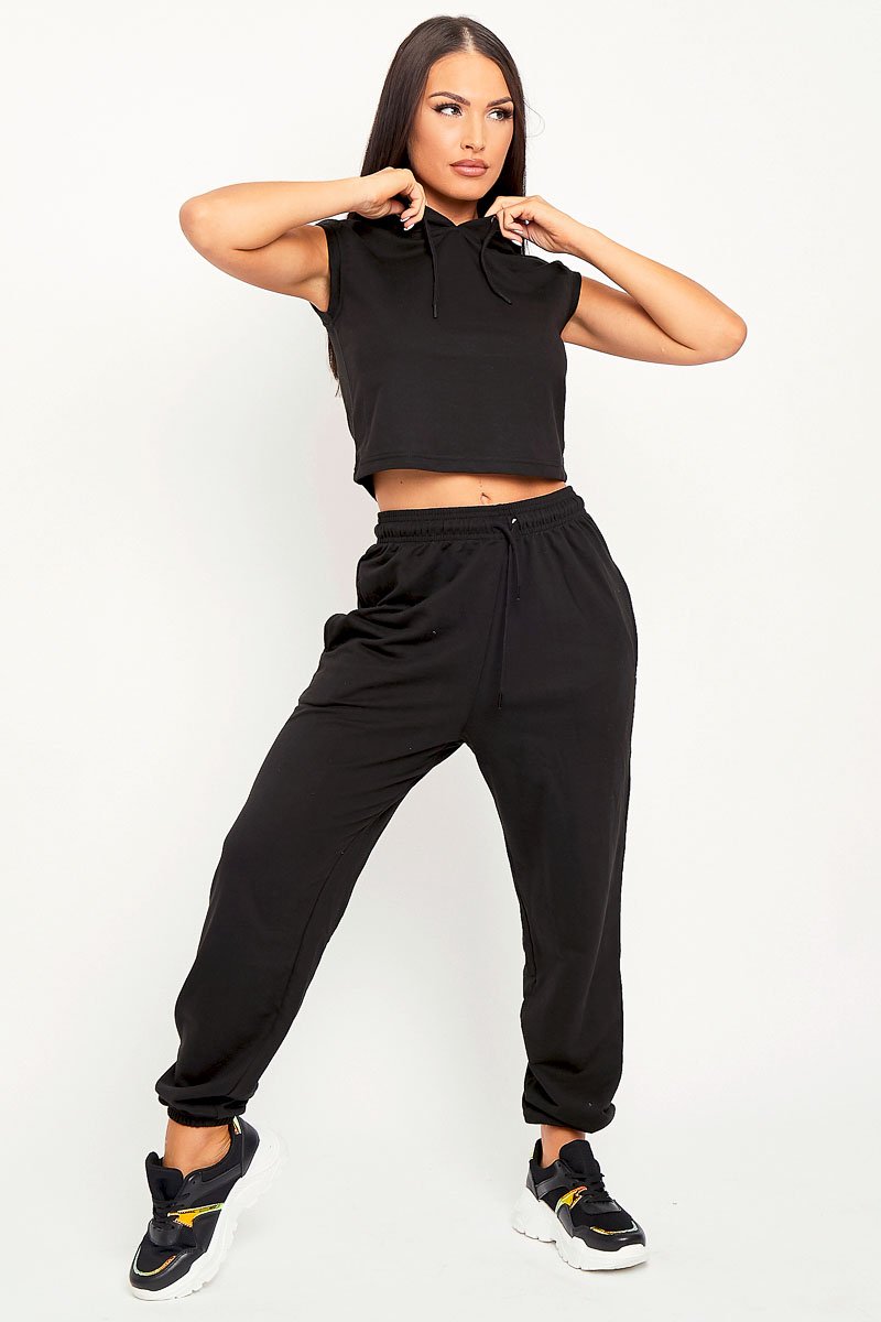 Black Cropped Hoodie Joggers Loungewear Co-ord - Kylie-Loungewear
