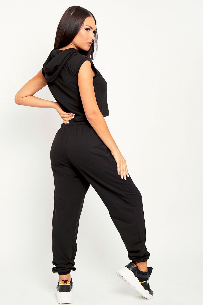 Black Cropped Hoodie Joggers Loungewear Co-ord - Kylie-Loungewear