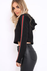 Black Cropped Hoodie with Striped Trim - Essie-Loungewear