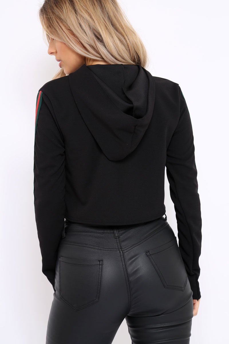 Black Cropped Hoodie with Striped Trim - Essie-Loungewear