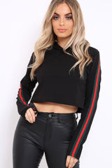 Black Cropped Hoodie with Striped Trim - Essie-Loungewear