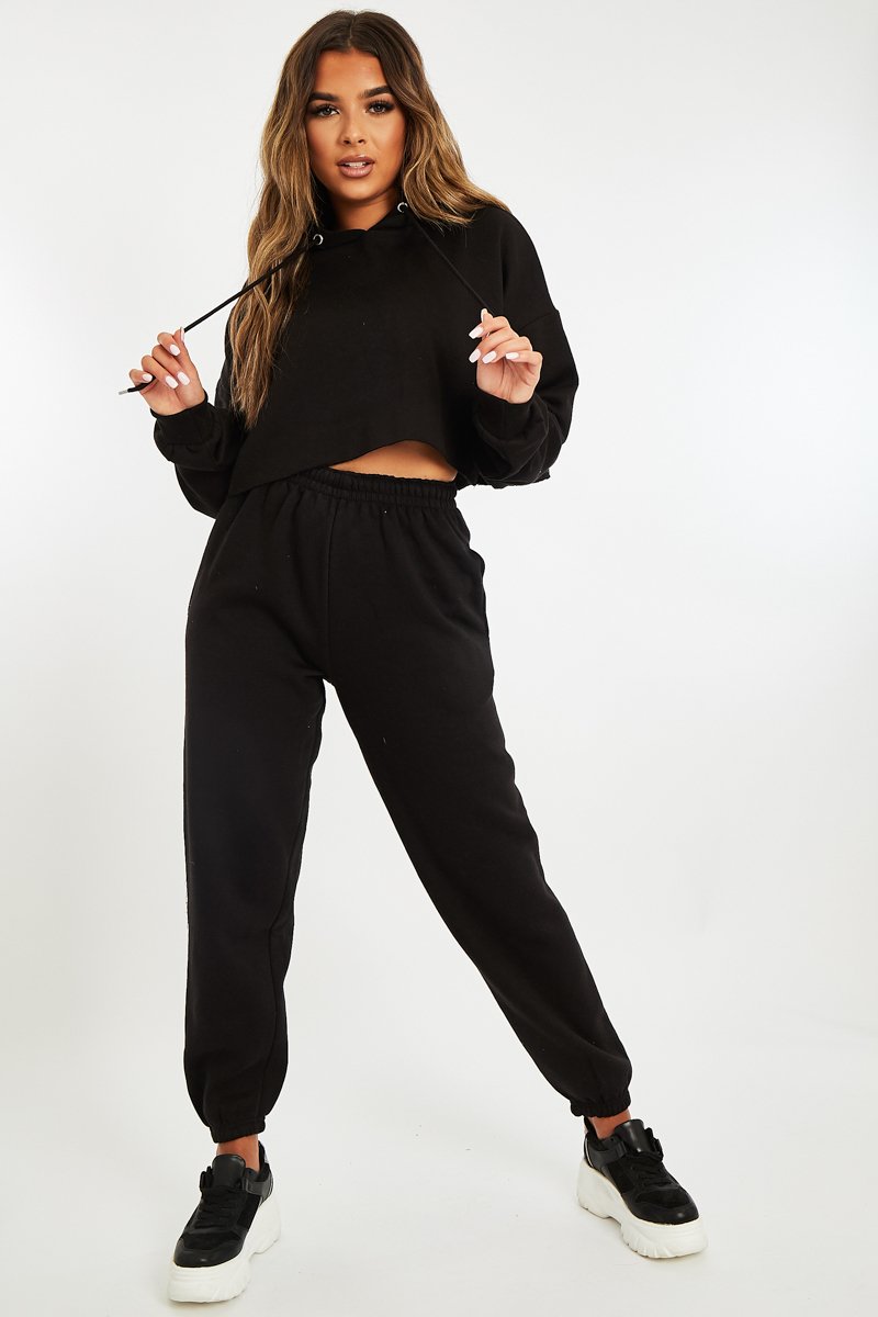 Black Cropped Oversized Hoodie and Joggers Co-ord - Karenza-Loungewear