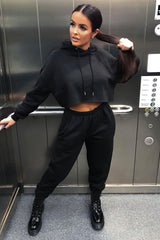 Black Cropped Oversized Hoodie and Joggers Co-ord - Karenza-Loungewear