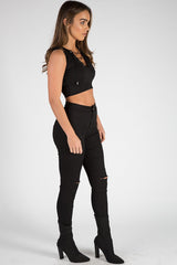 Black Cropped Ribbed Lace Up Top - Amelia-Tops