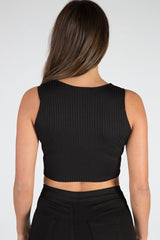 Black Cropped Ribbed Lace Up Top - Amelia-Tops
