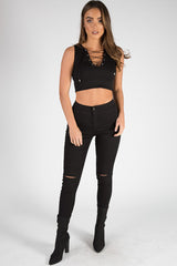 Black Cropped Ribbed Lace Up Top - Amelia-Tops