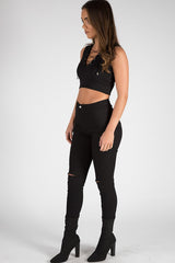 Black Cropped Ribbed Lace Up Top - Amelia-Tops