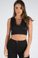 Black Cropped Ribbed Lace Up Top - Amelia-Tops