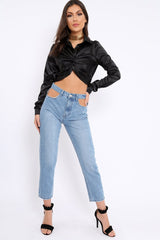Black Cropped Satin Shirt - Yasina-Shirts