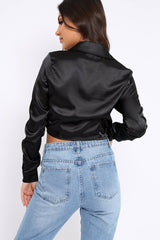 Black Cropped Satin Shirt - Yasina-Shirts