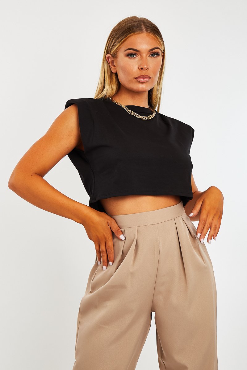 Black Cropped Shoulder Pad T-shirt - Ivani-T-shirt