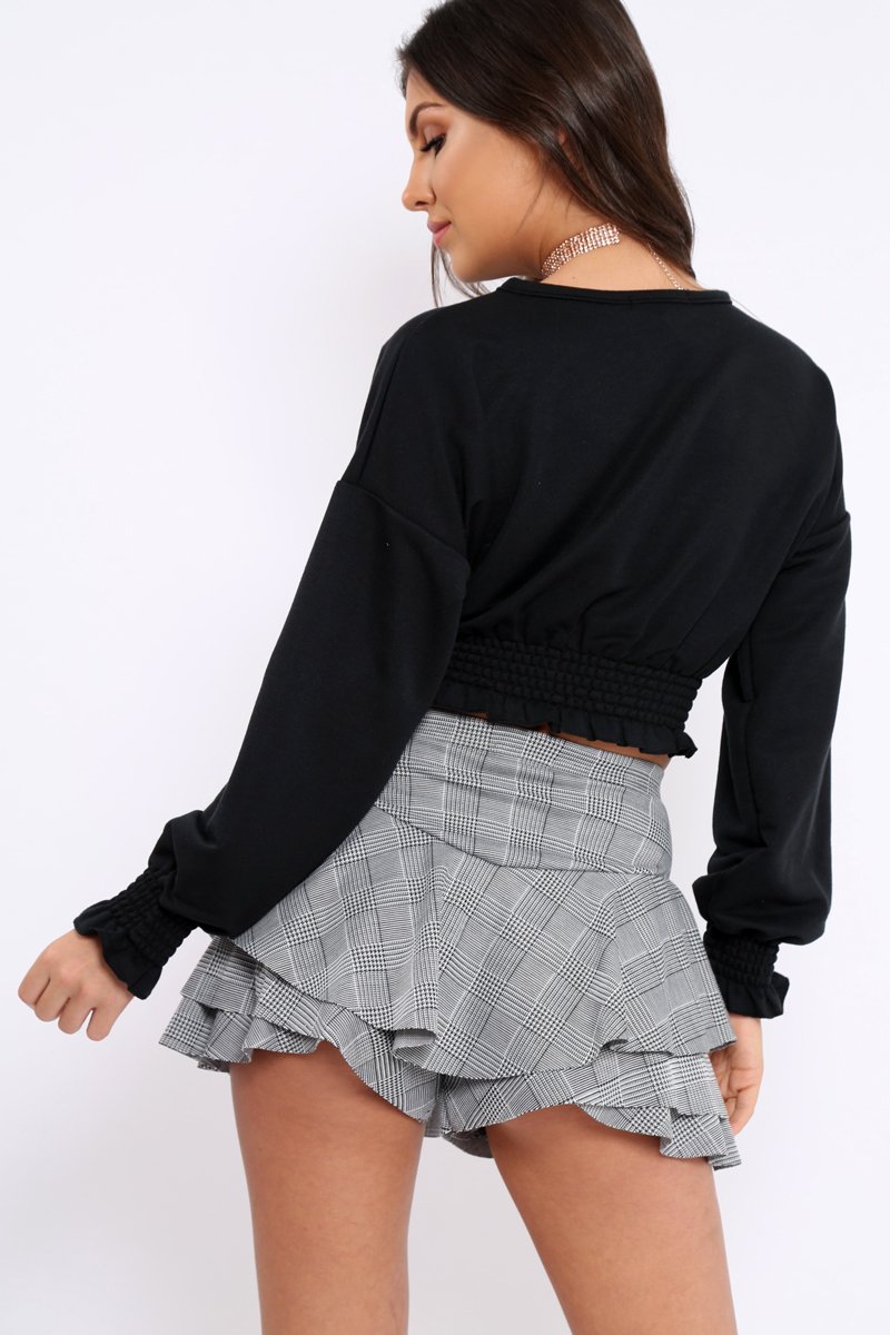 Black Cropped Sweatshirt with Shirred Elasticated Hems - Lillie-Sweatshirts