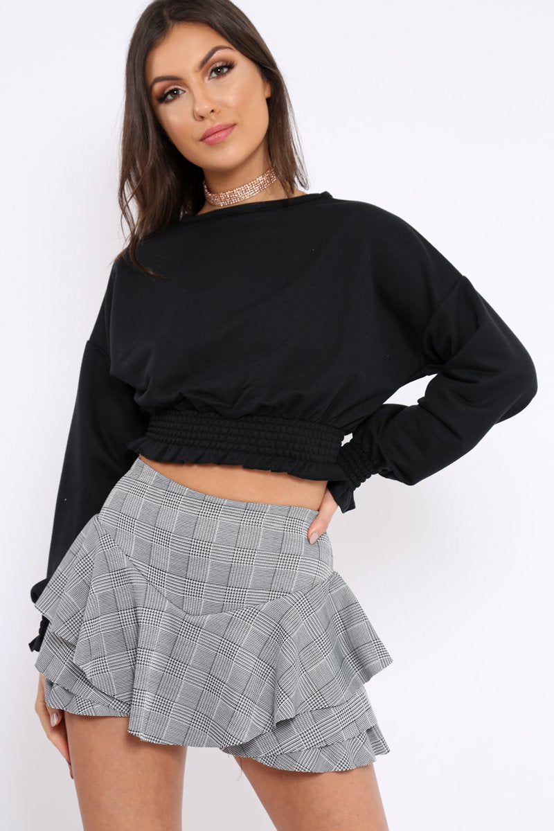 Black Cropped Sweatshirt with Shirred Elasticated Hems - Lillie-Sweatshirts