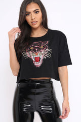 Black Cropped Tee with Applique Sequin Tiger - Avery-Tops