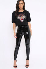 Black Cropped Tee with Applique Sequin Tiger - Avery-Tops