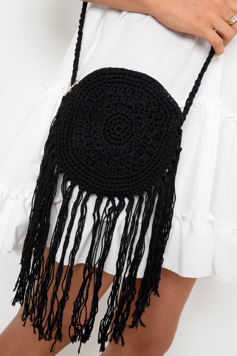 Black Cross Body Crochet Tassel Bag - Dion-Bags