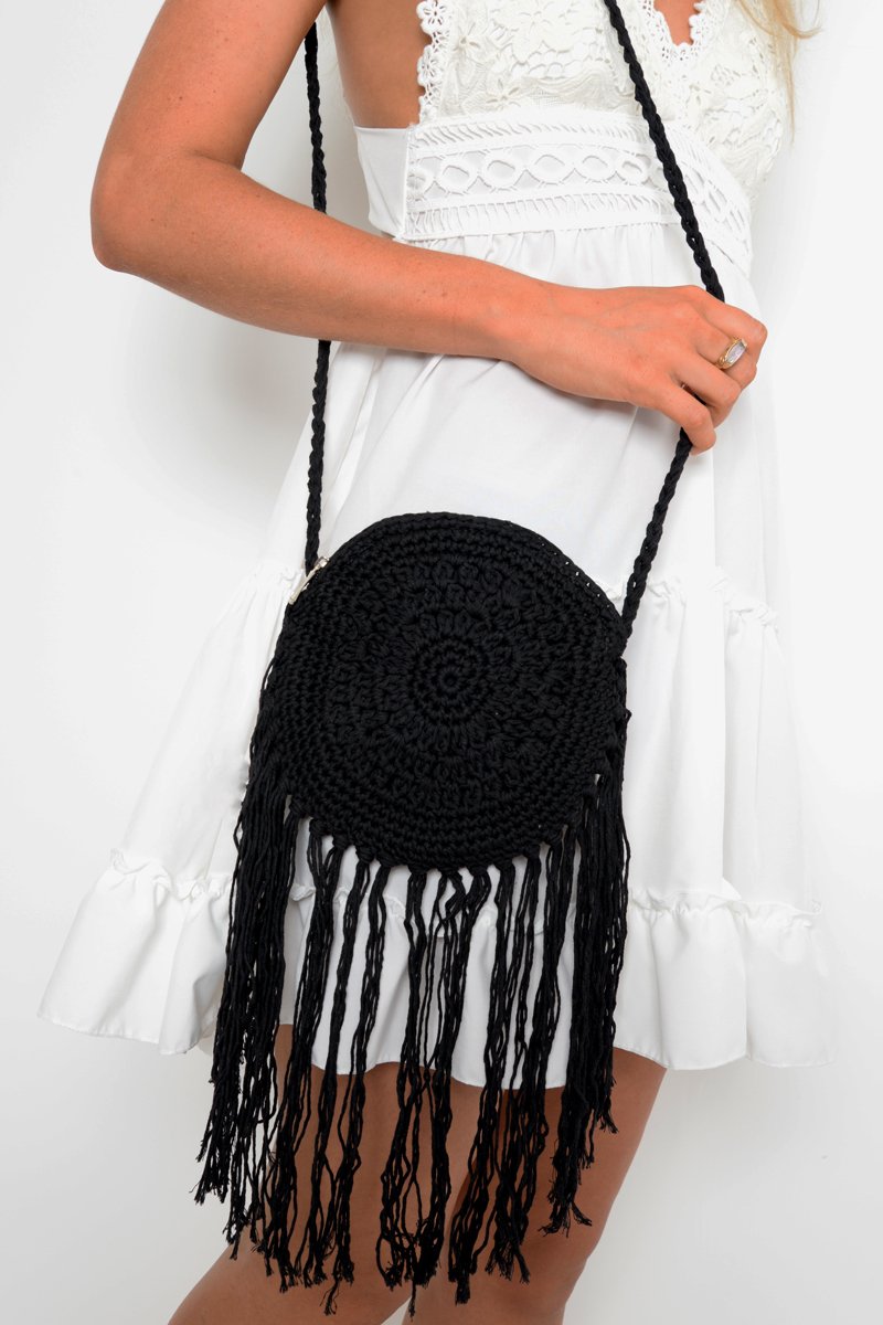 Black Cross Body Crochet Tassel Bag - Dion-Bags