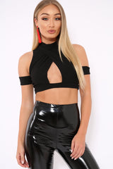 Black Cross Front Cold Shoulder Crop Top - Kenzli-Tops
