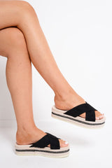 Black Cross Over Flatform Sliders - Vana-Sliders