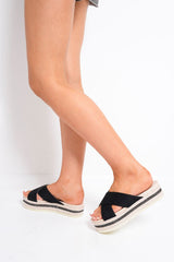 Black Cross Over Flatform Sliders - Vana-Sliders