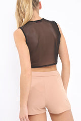 Black Cross Over Mesh Crop Top - Mayce-Crop Tops