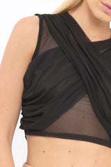 Black Cross Over Mesh Crop Top - Mayce-Crop Tops