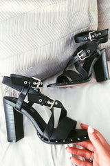 Black Cross Over Strappy Stud Heels - Betsie-Heels