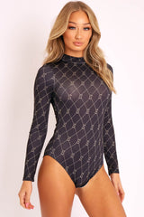 Black Cross Stitch Pattern Fitted Bodysuit - Bali-Bodysuits