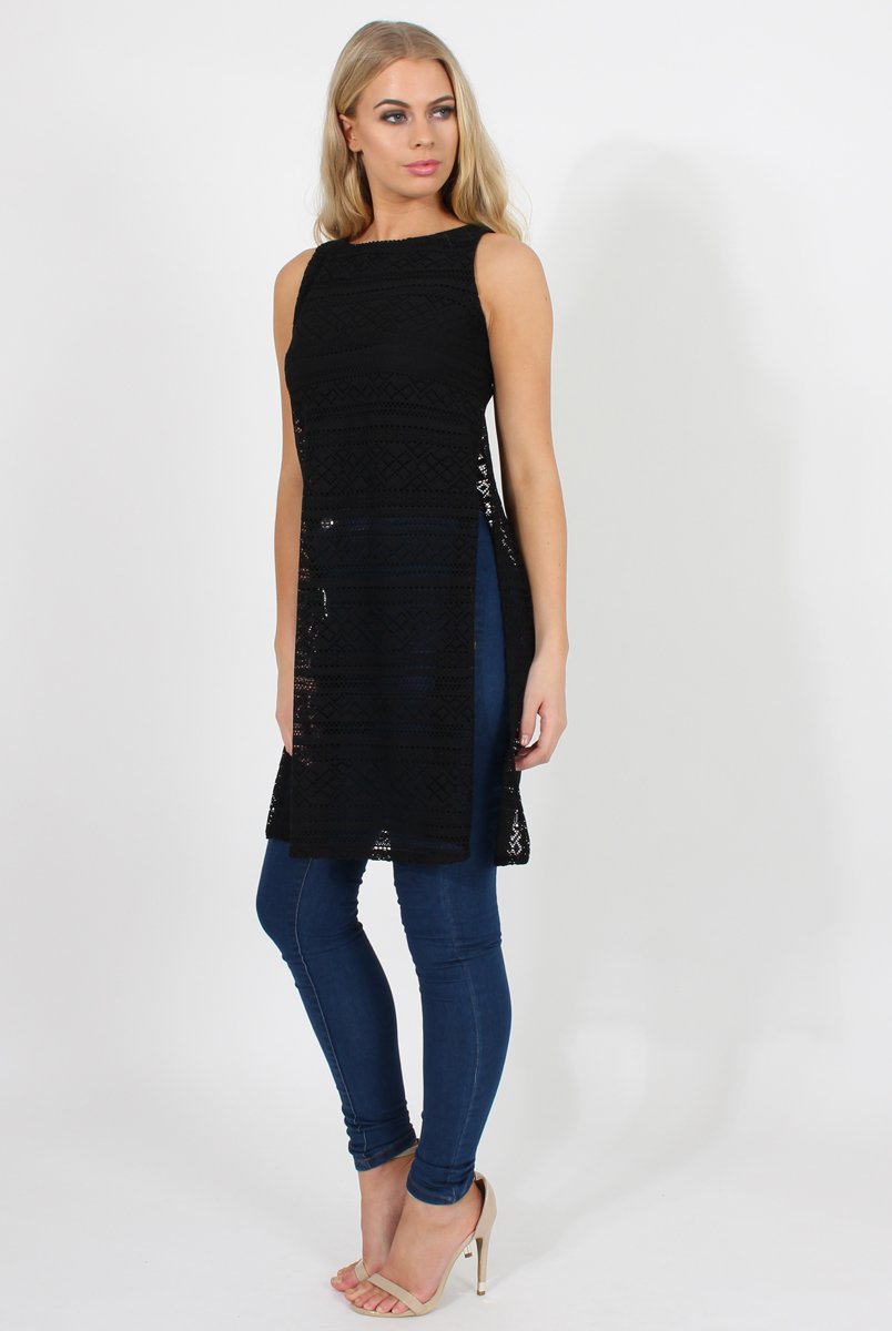 Black Crotchet Side Split Top - Lottie-Tops