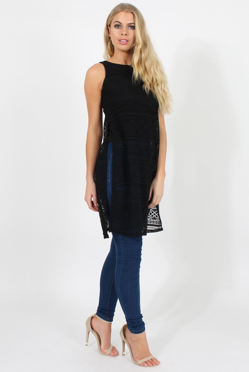Black Crotchet Side Split Top - Lottie-Tops