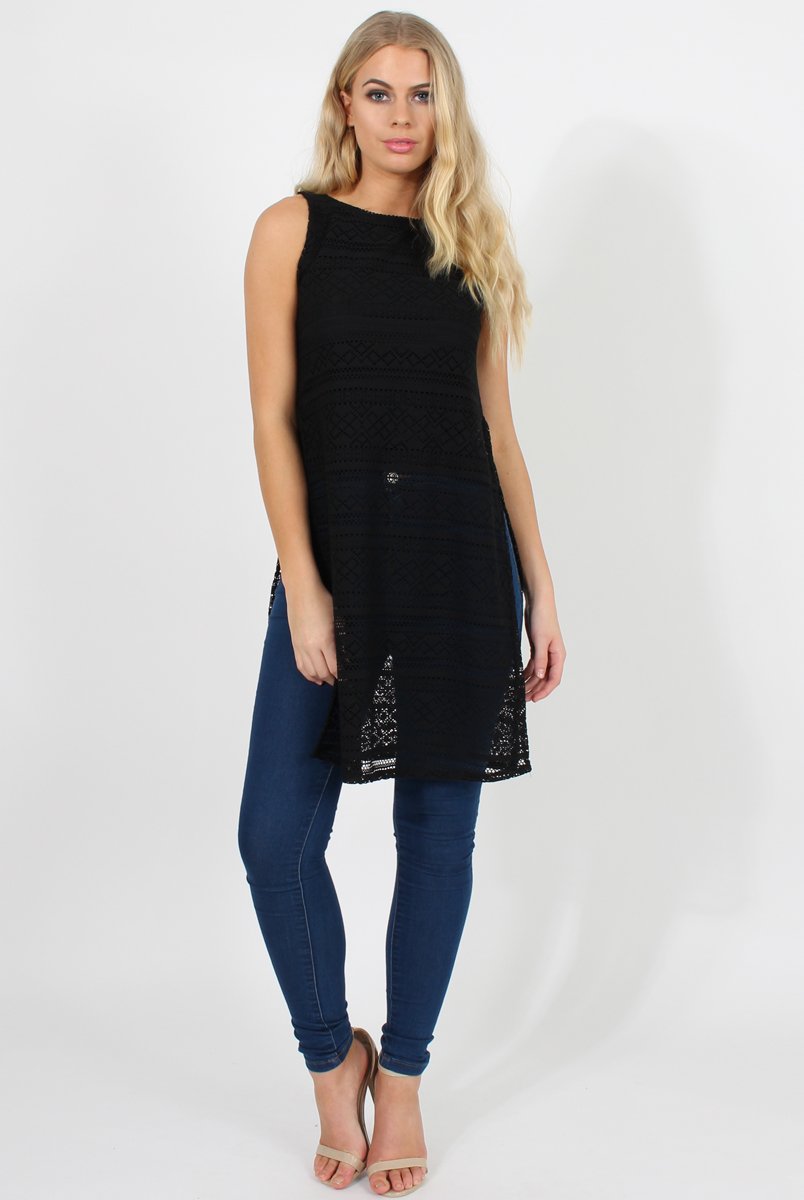 Black Crotchet Side Split Top - Lottie-Tops