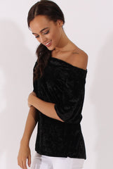Black Crushed Velvet Bardot Split Back Top - Geraldine-Tops