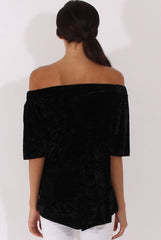Black Crushed Velvet Bardot Split Back Top - Geraldine-Tops