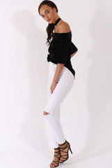 Black Crushed Velvet Bardot Split Back Top - Geraldine-Tops