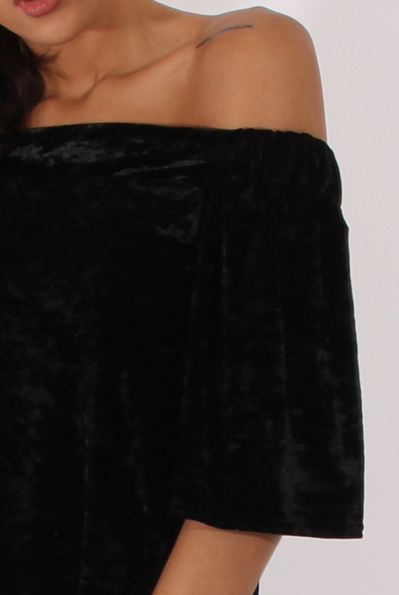 Black Crushed Velvet Bardot Split Back Top - Geraldine-Tops
