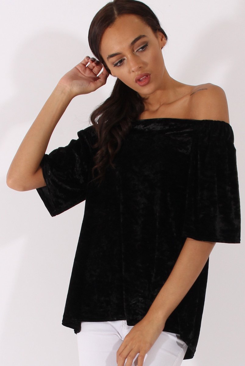 Black Crushed Velvet Bardot Split Back Top - Geraldine-Tops