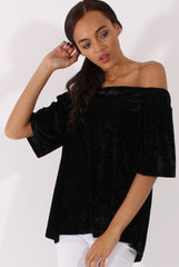 Black Crushed Velvet Bardot Split Back Top - Geraldine-Tops