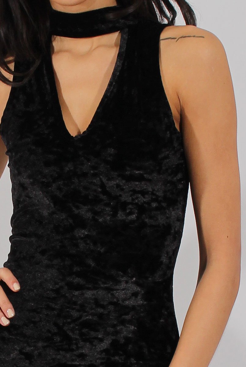 Black Crushed Velvet Choker Dress - Serina-Dresses