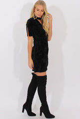 Black Crushed Velvet Choker Plunge Dress - Sonia-Dresses