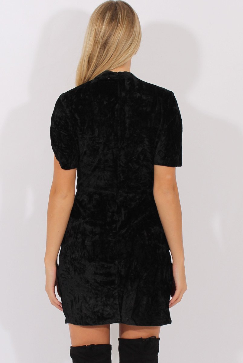 Black Crushed Velvet Choker Plunge Dress - Sonia-Dresses